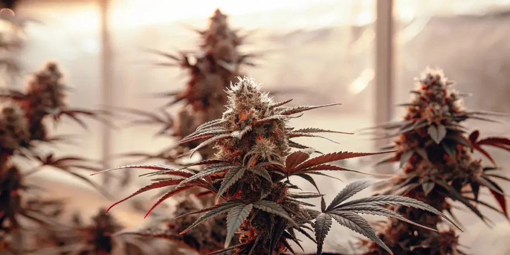 OG Glue cannabis plant with resin-coated buds and deep green leaves under controlled greenhouse lighting.