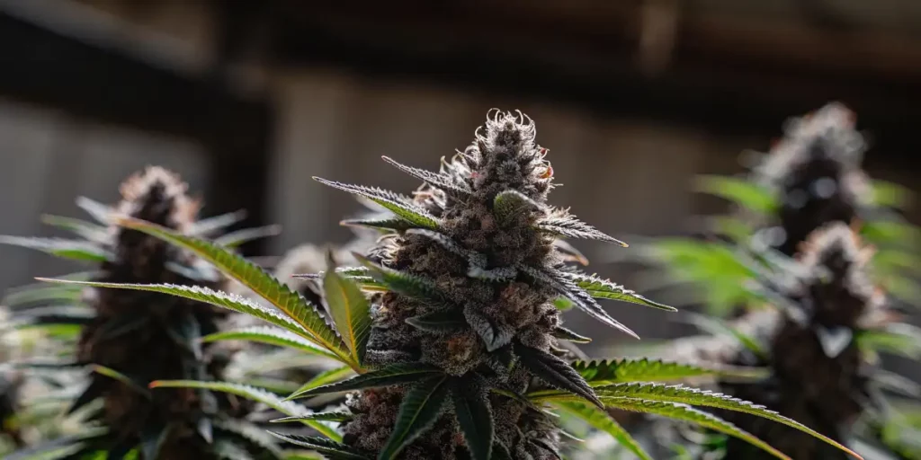 Close-up of an OG Glue cannabis plant with vibrant green leaves and dense buds under bright natural light.