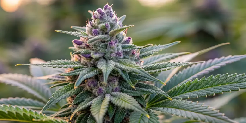 Close-up of OG Glue cannabis plant with purple-tinged buds and frosty trichomes under soft sunlight.