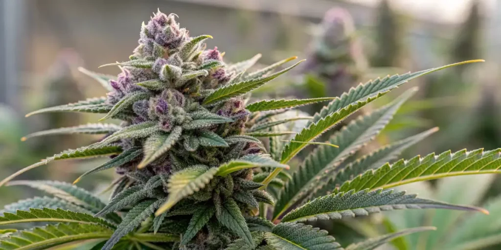 OG Glue cannabis plant showing purple buds and frosty trichomes under natural light in a greenhouse.