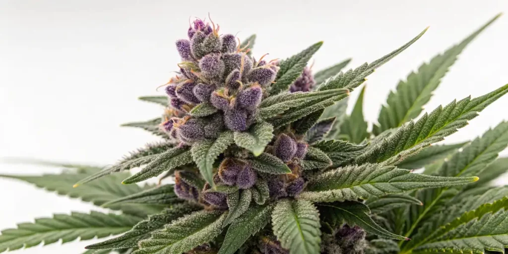 Close-up of OG Glue cannabis plant with purple buds, green leaves, and a frosty, resin-coated appearance.