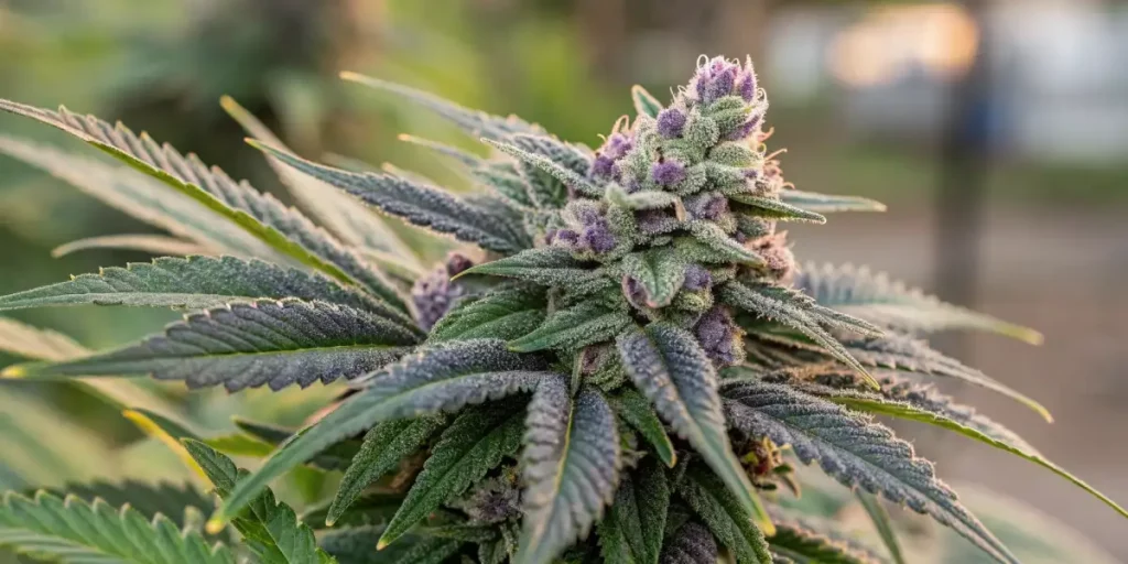 OG Glue cannabis plant with purple and green buds, covered in resin, illuminated by soft natural light.