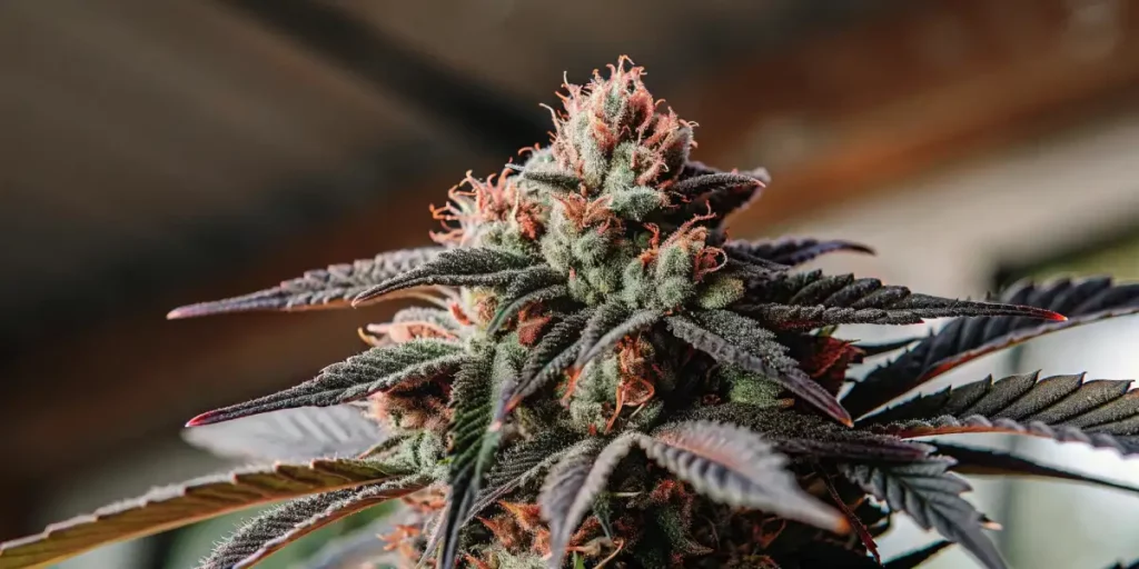 OG Glue cannabis plant with red and purple tinged buds and frosty leaves under warm lighting.