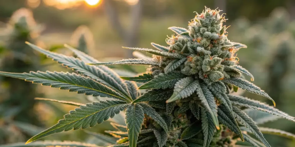 OG Glue cannabis plant with frosty buds and vibrant leaves in front of a warm sunset backdrop