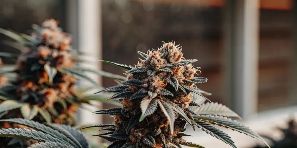 Close-up of a blooming OG Glue cannabis plant showing thick buds and dense trichomes.