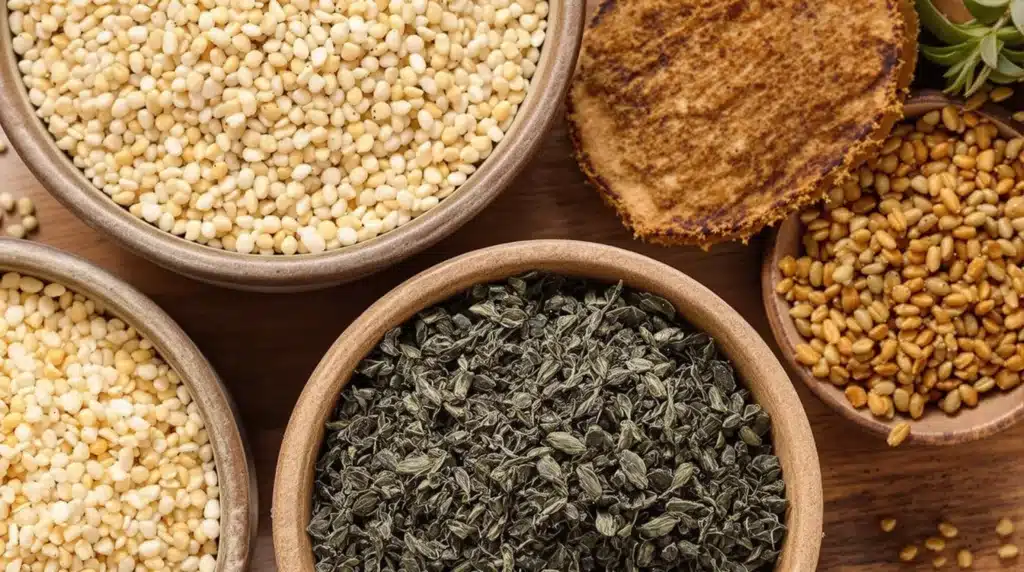 Close-up of different types of organic dry amendments including bone meal, worm castings, and kelp meal