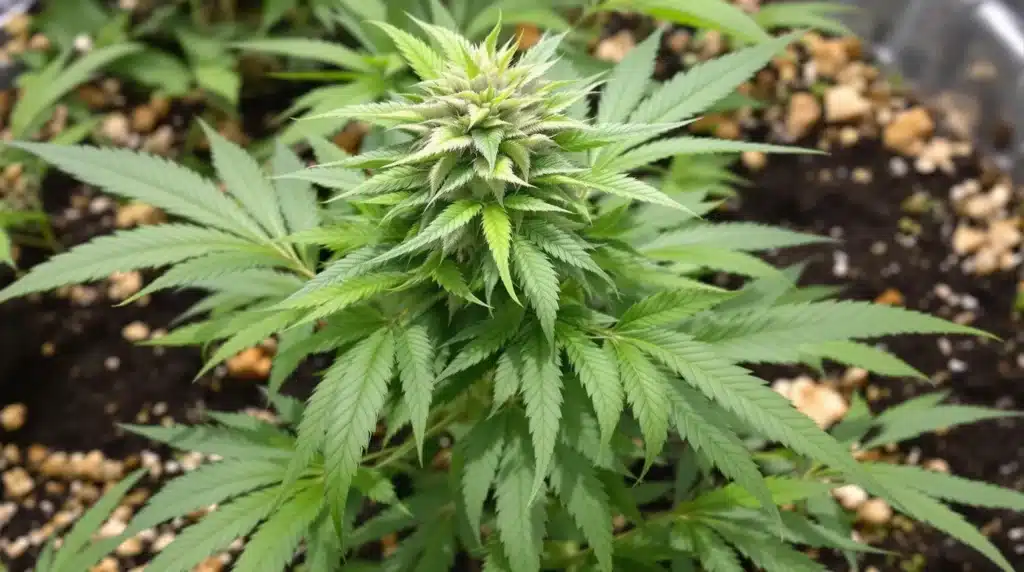 Cannabis plant in the vegetative stage with organic amendments mixed into the soil, showing healthy growth.