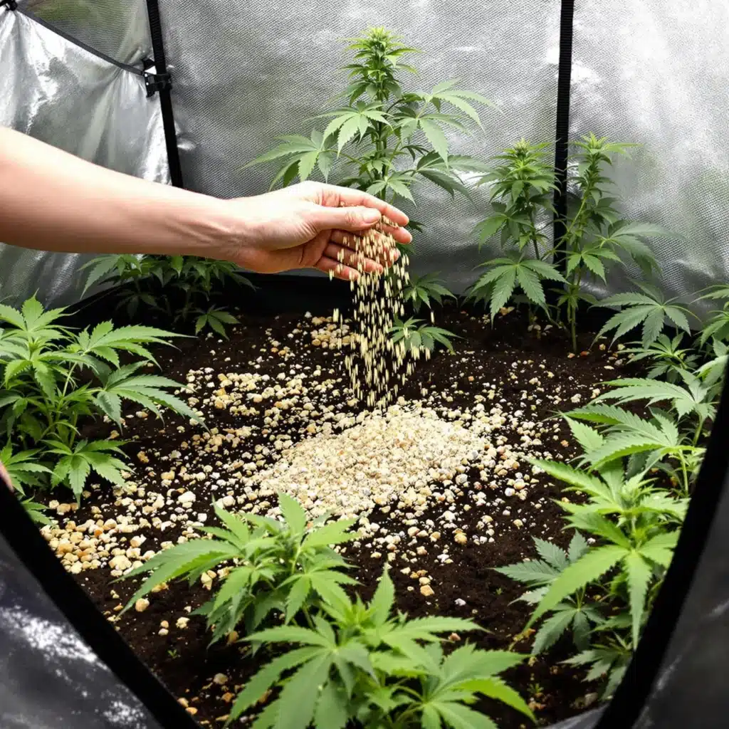 Gardener applying organic dry amendments to the soil in an indoor cannabis grow tent.