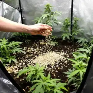 Gardener applying organic dry amendments to the soil in an indoor cannabis grow tent.