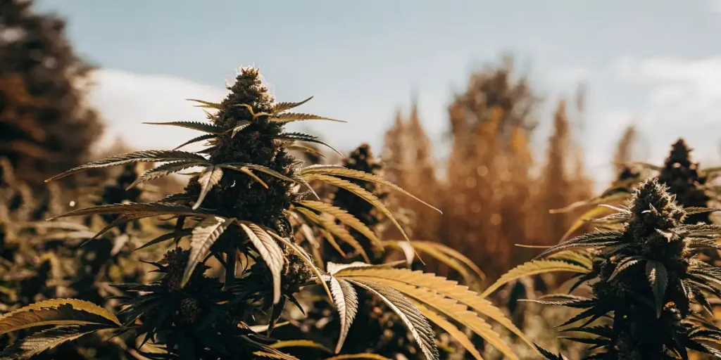 Outdoor cannabis plants with dense buds and golden leaves, basking in the sunlight.