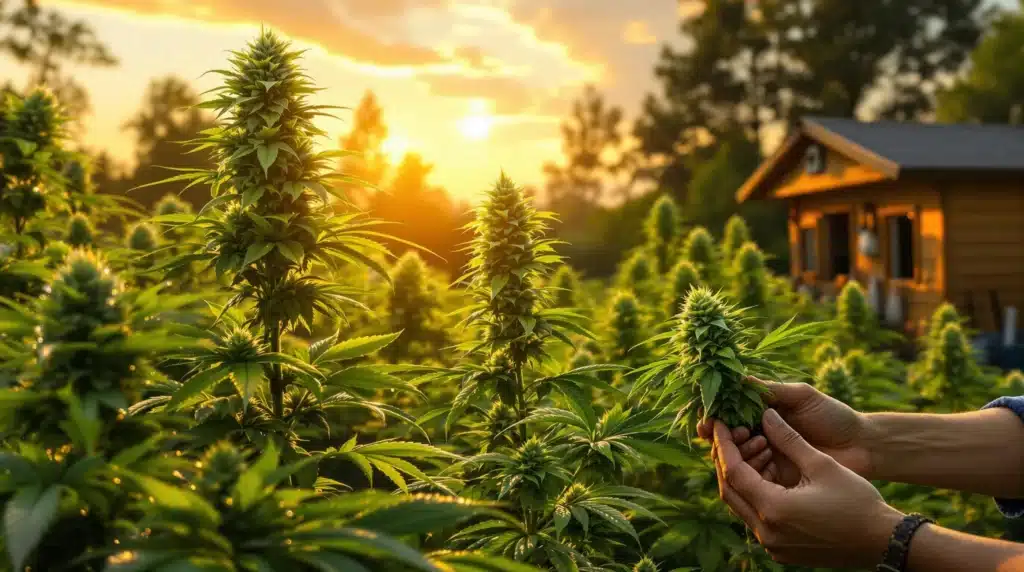 A person handling cannabis buds in a sunlit outdoor cultivation area.