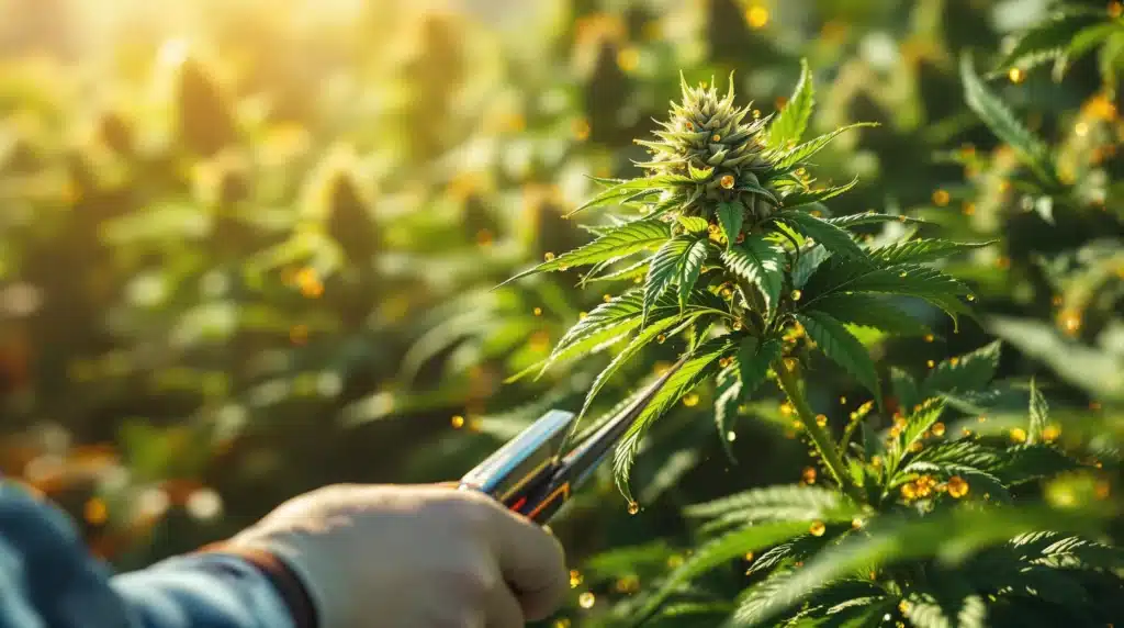 Person harvesting cannabis outdoors with trichomes transitioning to amber