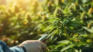 Person harvesting cannabis outdoors with trichomes transitioning to amber