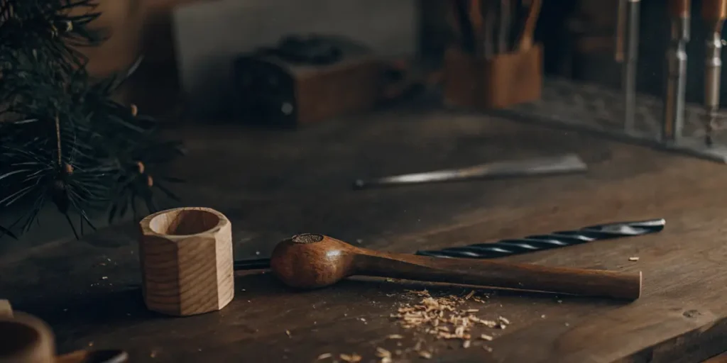 Unfinished wooden pipe bowl and a long carving tool on a rustic wooden table with wood shavings.