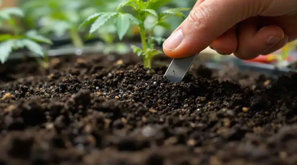 Hand planting cannabis seeds in soil with water droplets visible.