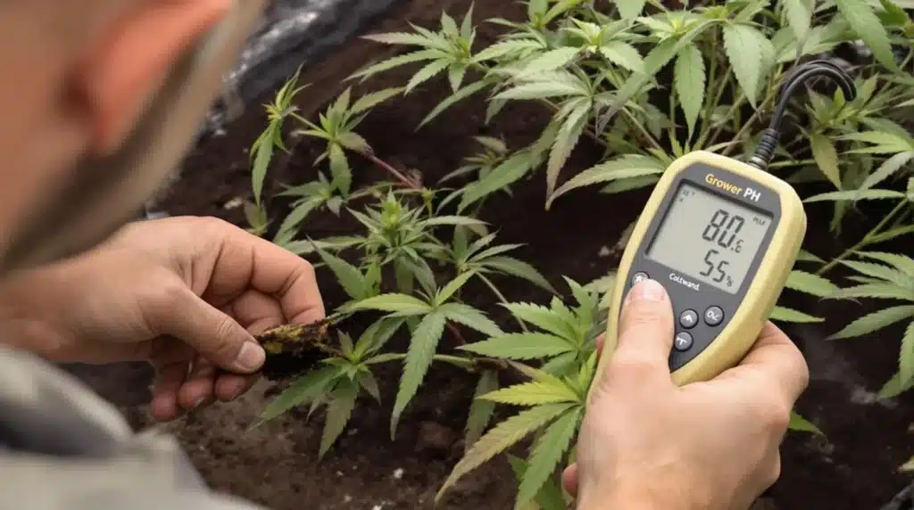 Grower testing soil pH with a digital meter to resolve pot leaves turning brown.