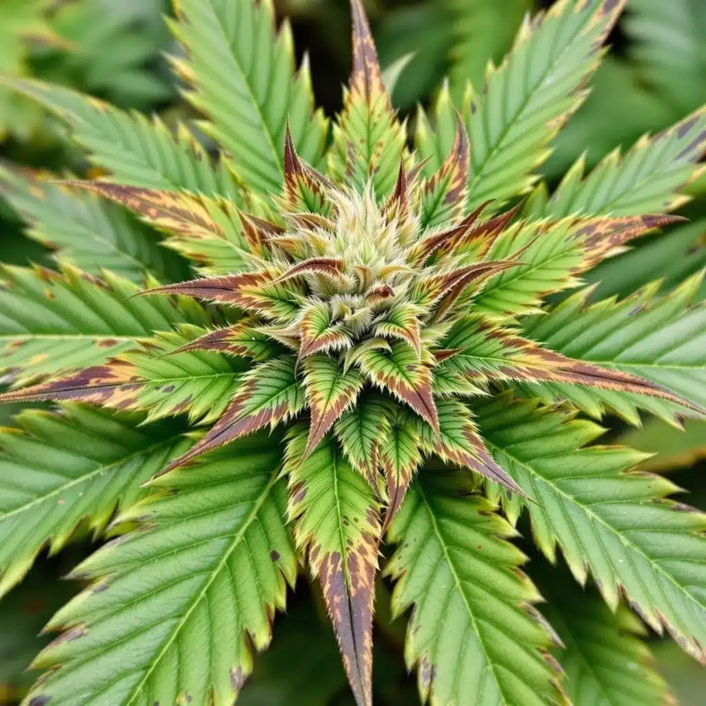 Cannabis leaf with brown edges showing nutrient deficiency, a common cause of pot leaves turning brown.