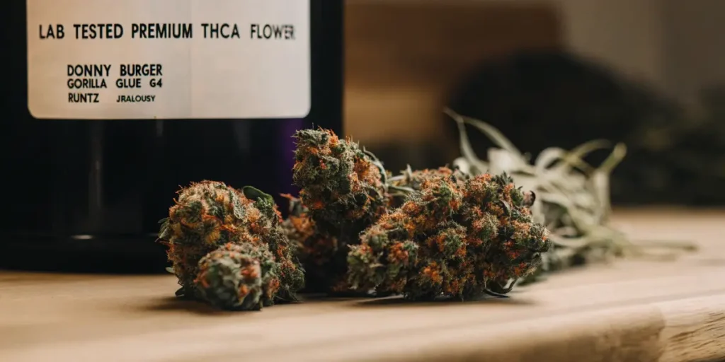 Hyper-realistic close-up of "LAB TESTED PREMIUM THCA FLOWER" buds with prominent orange pistils next to a labeled dark container.