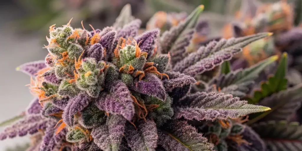 A purple Bubba Kush cannabis bud resting on a metallic surface with a distinct frosty coating and vibrant orange pistils.