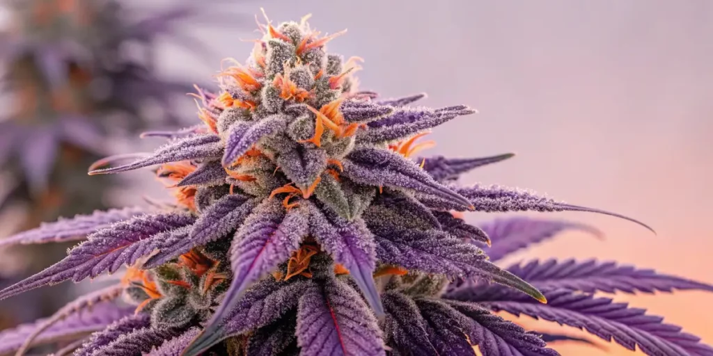 Purple cannabis bud with orange pistils and frosty trichomes under soft lighting.