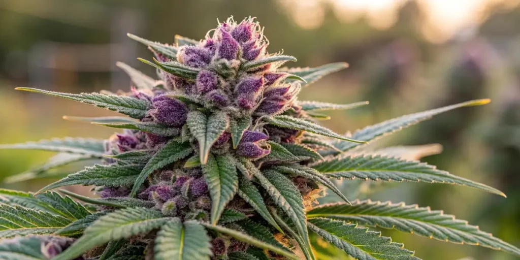 Purple cannabis buds with frost and vibrant green leaves illuminated by warm, soft sunlight in the background.
