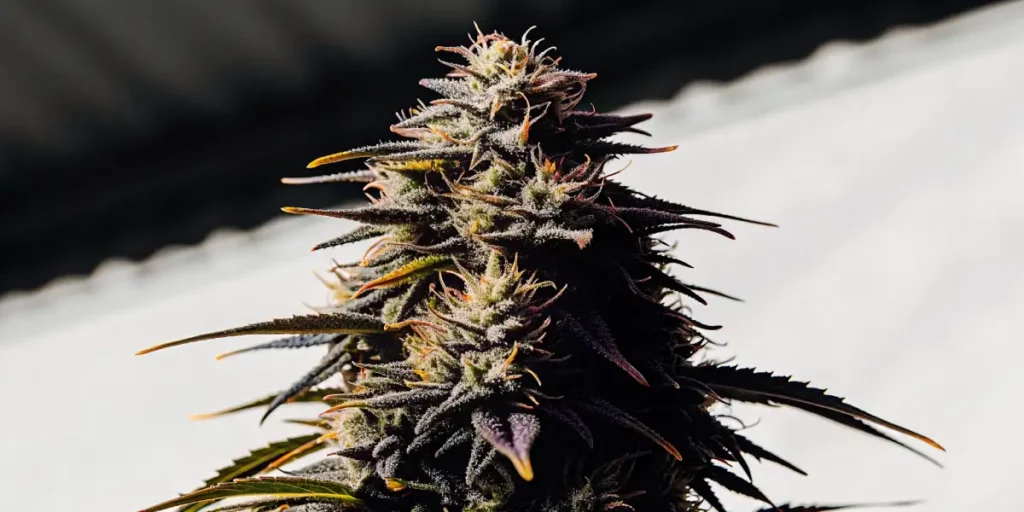 Cannabis bud with purple hues, trichomes, and sharp leaves in an indoor setting with a white background.