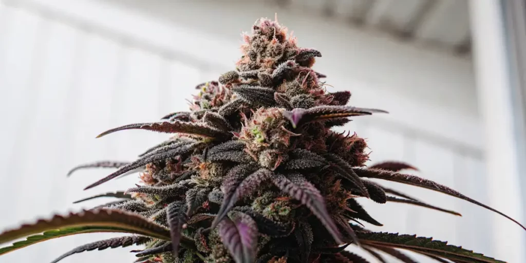 Dense purple cannabis bud with a frosty layer of trichomes and vibrant green leaves in a controlled indoor setting.