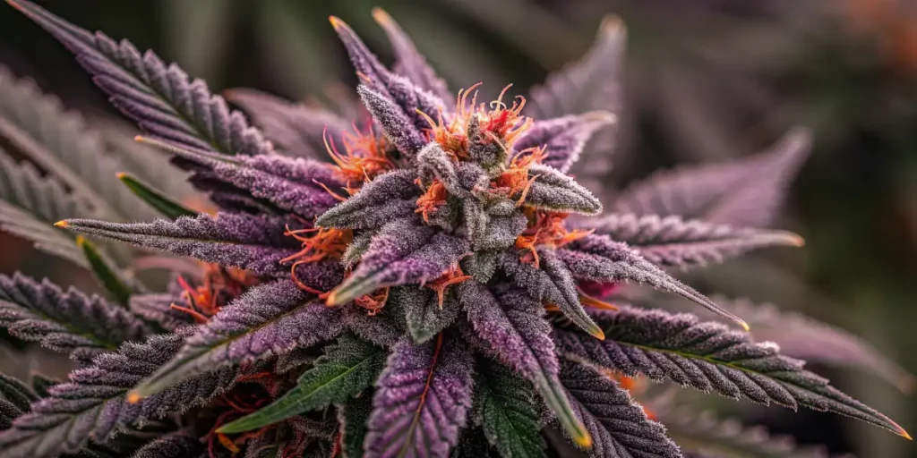 Close-up of a purple cannabis bud with frosty trichomes and orange pistils.