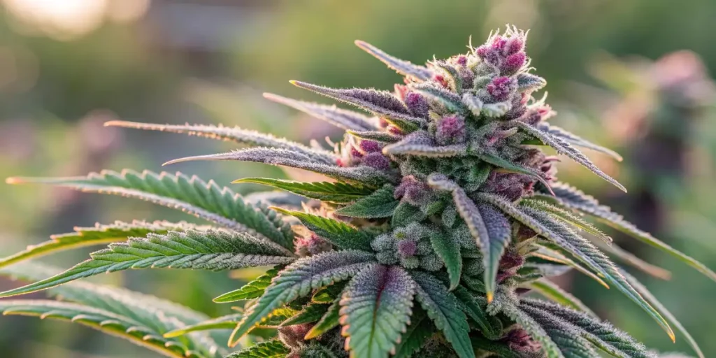 Close-up of purple cannabis buds covered with trichomes, surrounded by green leaves, under soft natural light.