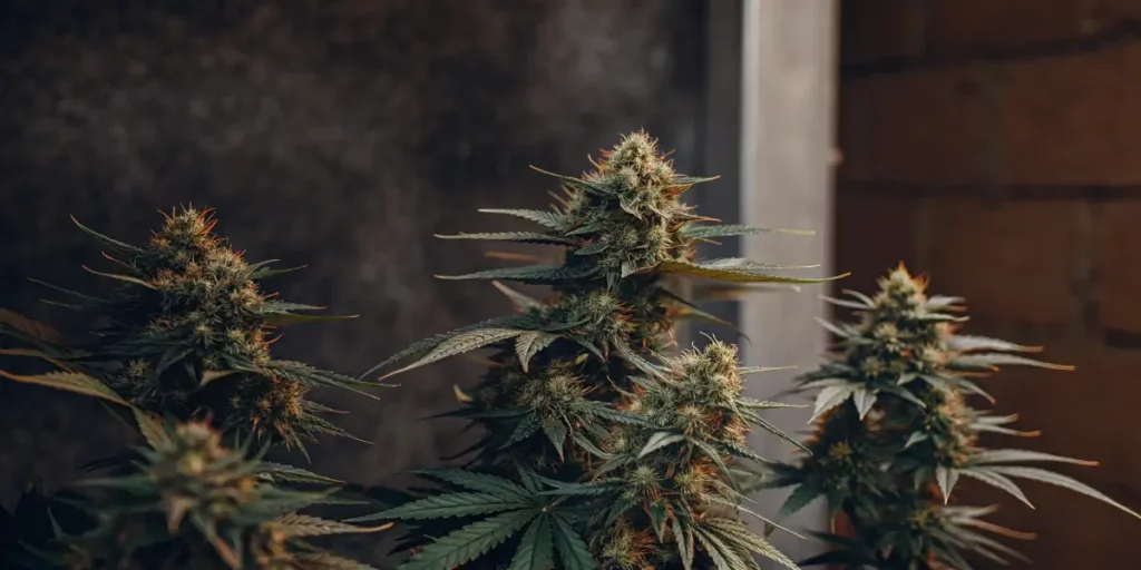 Purple cannabis flowers with thick trichomes and bright orange pistils in a grow room.