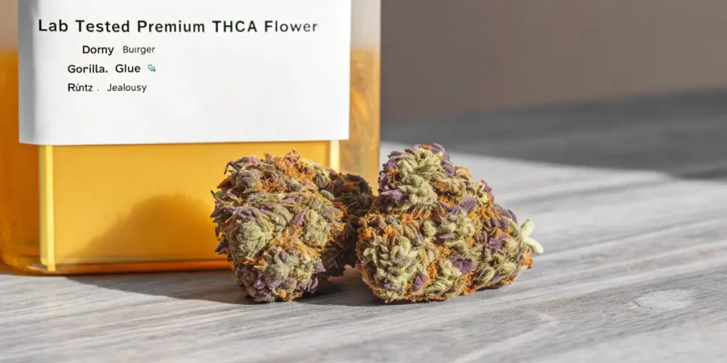 Hyper-realistic close-up of "Lab Tested Premium THCA Flower" buds with purple and orange hues next to a yellow container.