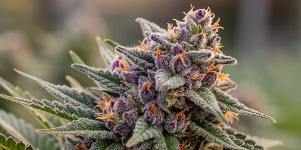Purple-tinged cannabis buds with frosty trichomes and orange pistils.