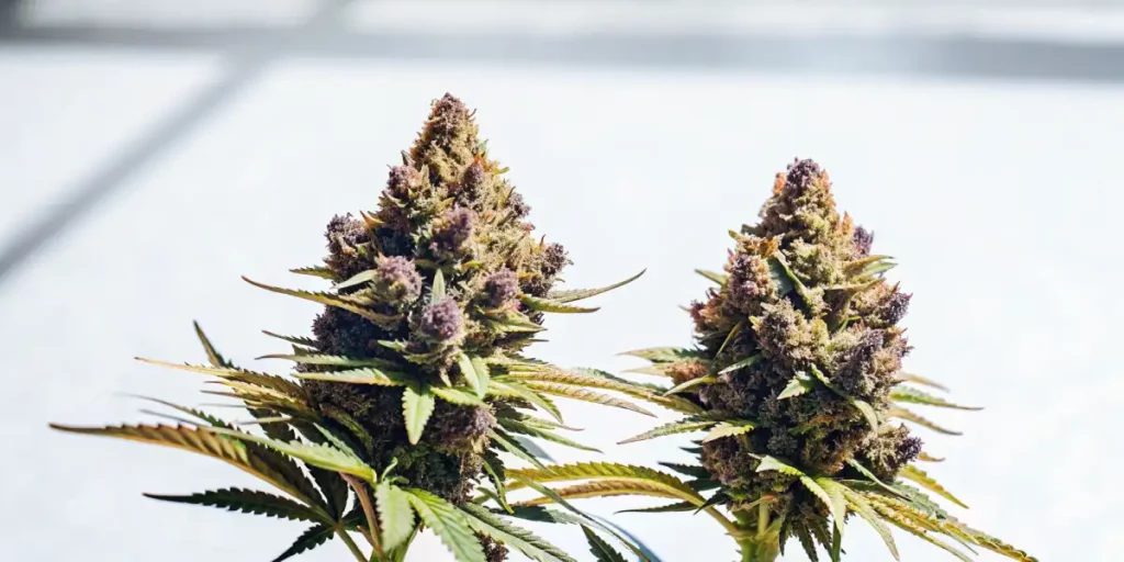 Close-up of purple cannabis buds with orange pistils and trichomes in a grow room.