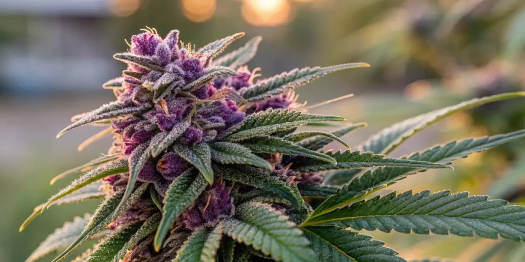 Close-up of dense purple cannabis buds covered in trichomes, surrounded by green leaves in a farm setting.