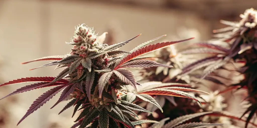 Close-up of cannabis buds with red and purple leaves, displaying trichomes and vibrant color under warm lighting.