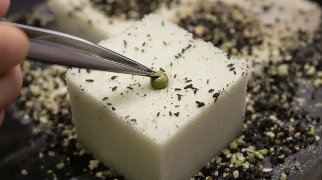 Placing cannabis seed into Rockwool cube using tweezers, showing correct depth for germination.