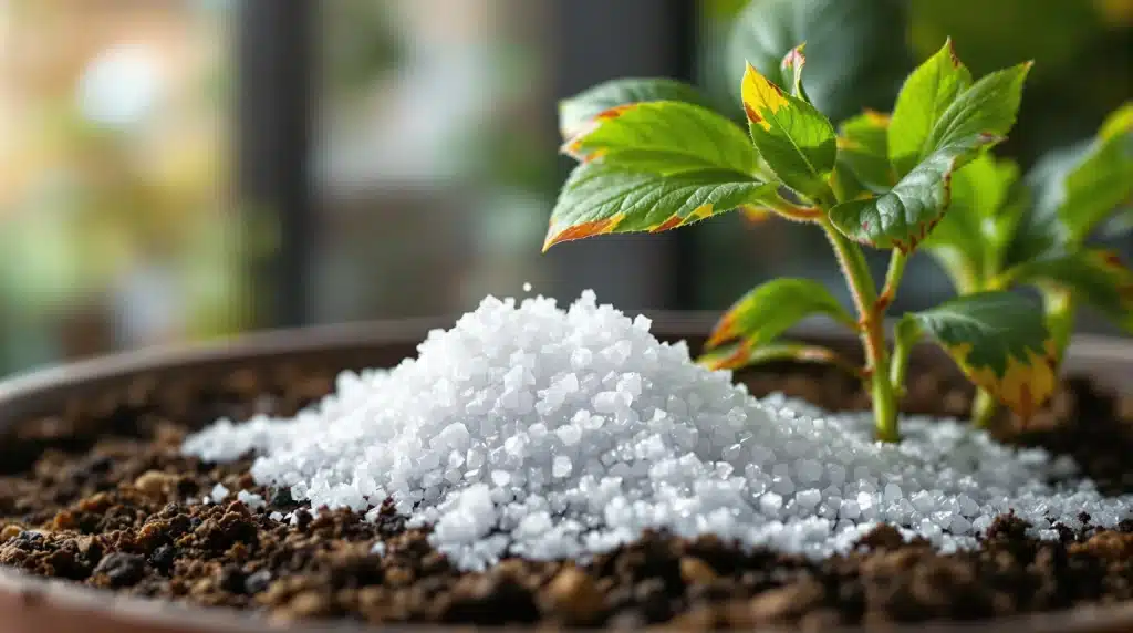 White salt crystals forming on soil surface near plant roots.