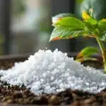 White salt crystals forming on soil surface near plant roots.