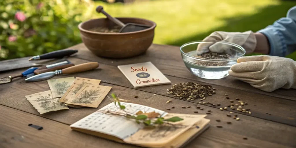 Hyper-realistic scene: gloved hands sifting seeds from a bowl of water, on a wooden table with gardening tools, vintage seed packets, and a "Seeds Germination" label in a sunny outdoor setting.