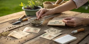 Hyper-realistic scene: hands placing seeds into a bowl, on a wooden table with vintage seed packets, a "SEEDS GERMINATION" label, gardening tools, and spilled seeds in a lush outdoor setting.