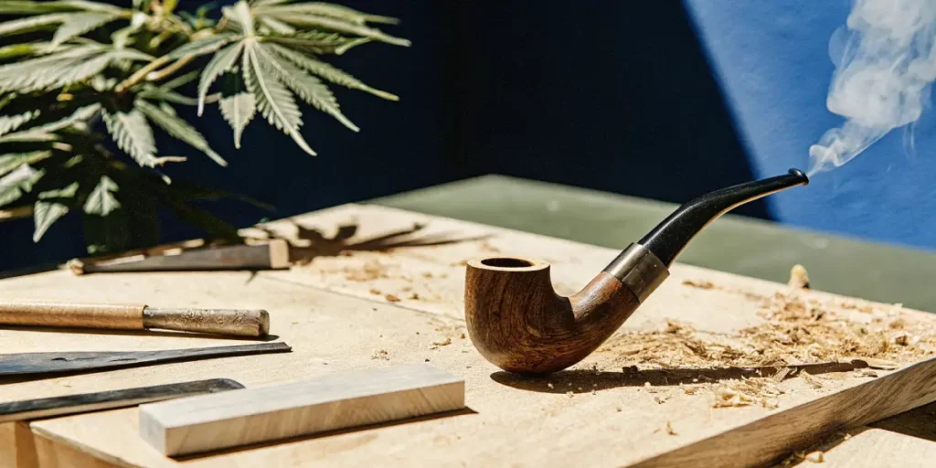 Smoking wooden pipe emitting smoke on a craftsman's workbench with tools and cannabis leaf.
