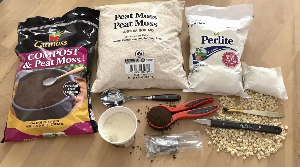 Materials for creating the best soil mix for autoflowers, including compost, peat moss, and perlite.