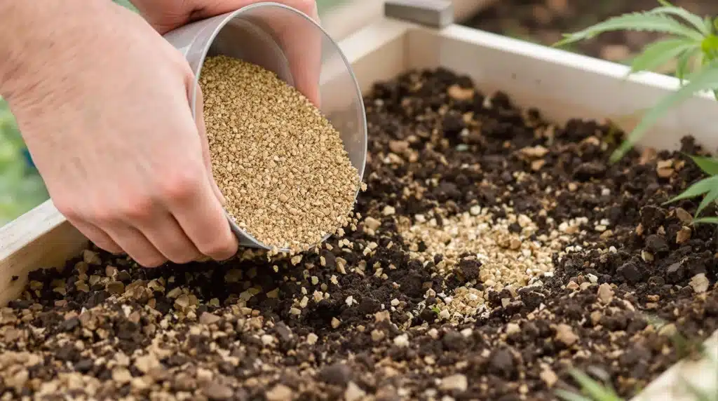 Grower amending soil to grow cannabis with compost and perlite in a garden bed