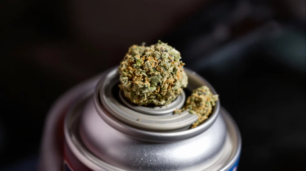 Spray can weed container with an open compartment storing fresh cannabis buds