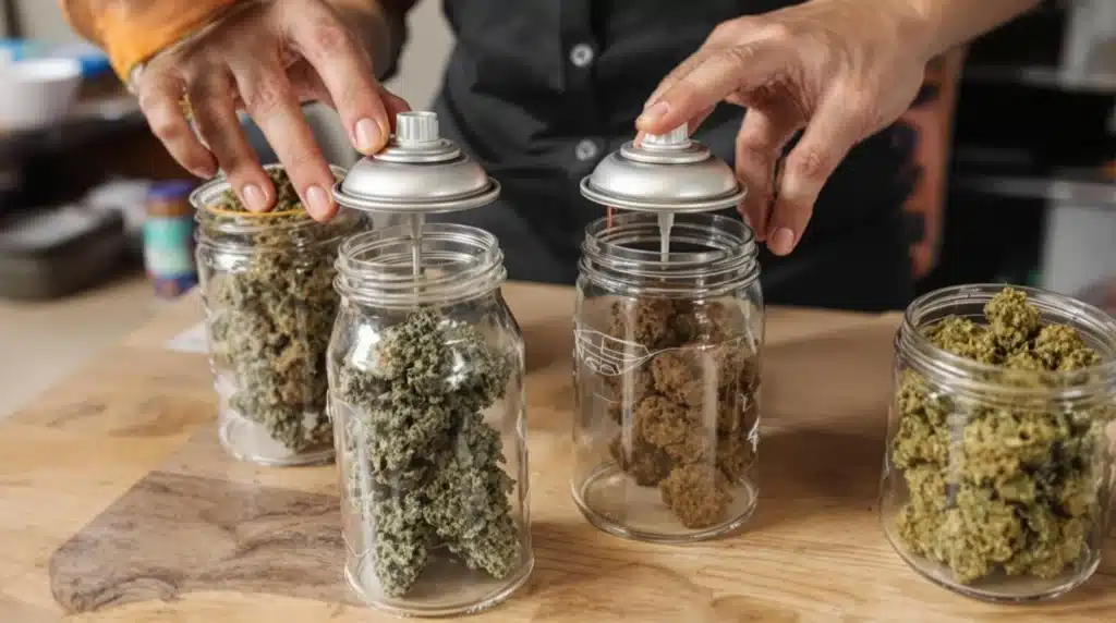 Spray can weed containers storing strains like Gelato and Gorilla Glue #4 on a table.