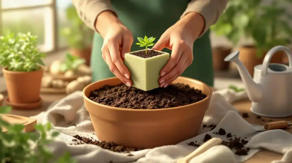 Hands placing a cannabis seedling in a rockwool cube to start growth.