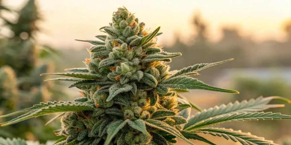 Sticky cannabis plant with vibrant orange hairs, displaying rich green leaves in an indoor grow room.