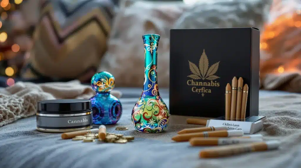 Colorful cannabis-themed accessories including a decorative bong, rolling papers, and cannabis-related items, perfect for holiday gifts.