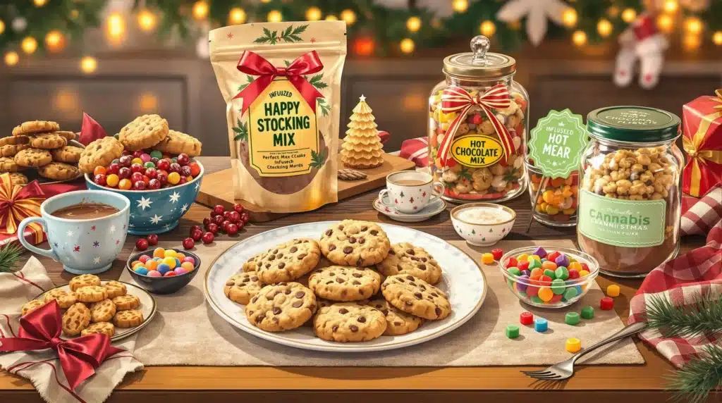 Holiday-themed cannabis-infused snacks including cookies, candies, and hot chocolate mix, perfect for stoners' stockings.