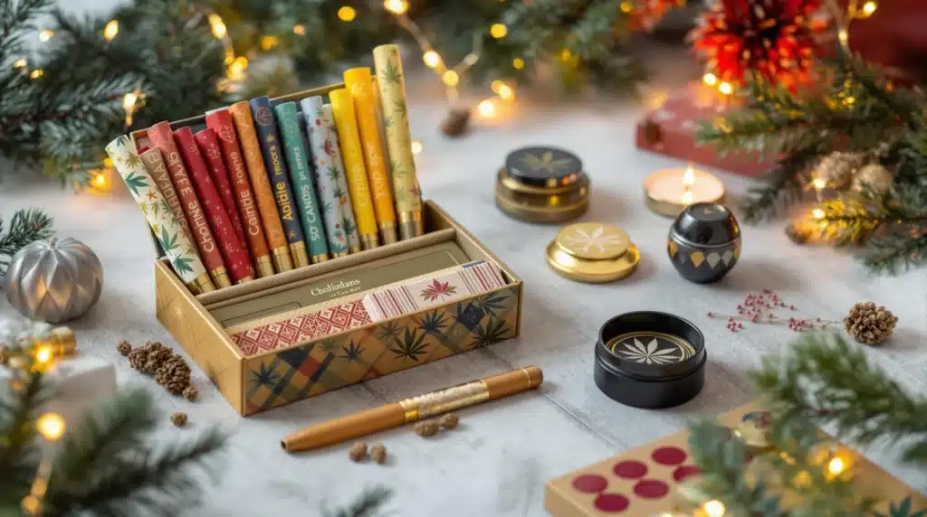 A festive assortment of premium cannabis rolling papers, a pen, and a grinder, ideal for stoners' holiday stockings.